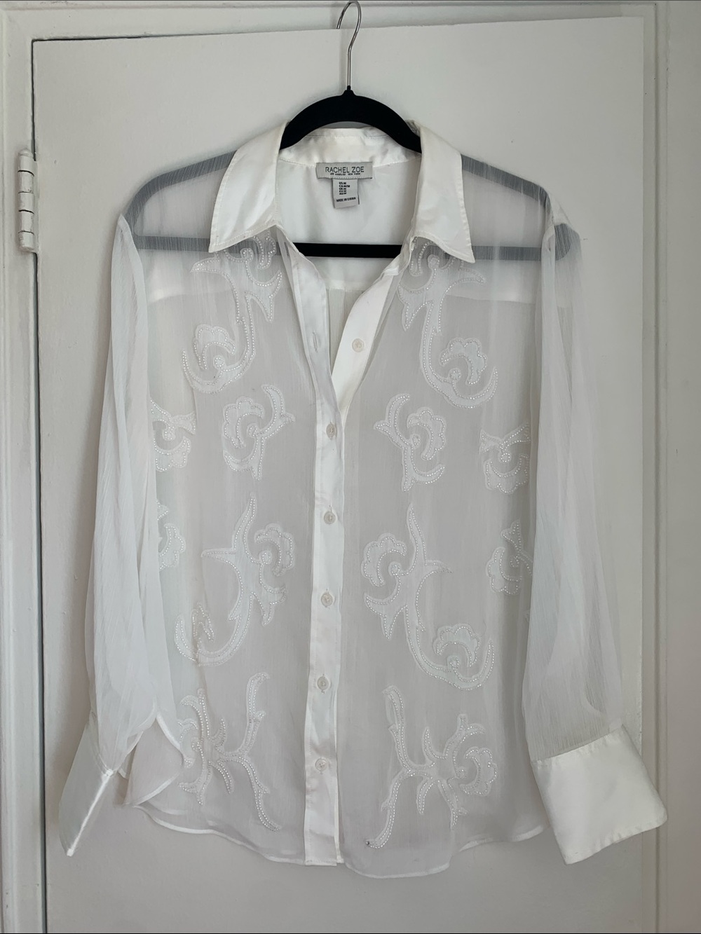 Rachel Zoe White Sheer Embroidered Button-Down Blouse